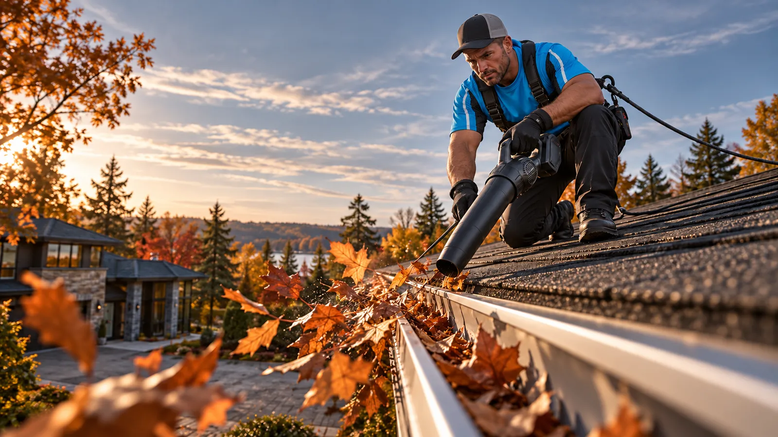 Technician clearing autumn leaves from a gutter